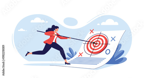Businesswoman in a red suit runs while aiming a long spear at a target on a paper representing precise marketing goals.