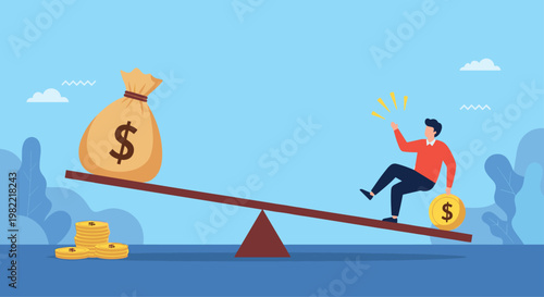 Businessman balancing a large money bag against a single gold coin on a seesaw representing financial inequality and risk management concepts.