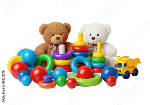 A brown teddy bear and a white teddy bear surrounded by colorful toys isolated on transparent background, PNG