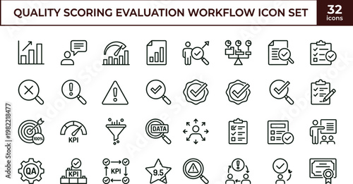 Quality scoring evaluation workflow outline icon set with performance analytics validation monitoring symbols for dashboards apps presentations web interface development systems