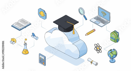 Isometric E-learning and Online Education Concept Illustration with Graduation Cap on a Cloud, Laptop, and Various Academic School Icons for Digital Learning