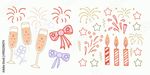 Celebratory doodles featuring champagne fireworks candles and bows