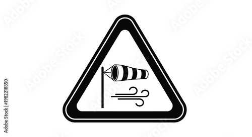 Black and white triangular road sign depicting strong crosswinds ahead