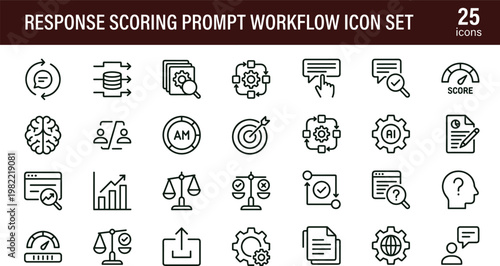 Response scoring prompt workflow outline icon set with evaluation analytics monitoring feedback symbols for dashboards apps presentations web interface development systems