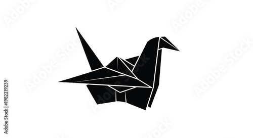 A striking black silhouette of an origami bird in profile view