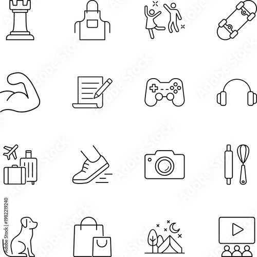 Daily life and hobbies vector icon set, skateboard, game controller, headphones, camera, dog, shopping bag, camping tent, airplane, cooking utensils