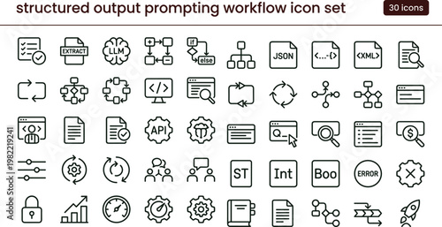 Structured output prompting workflow outline icon set with data extraction validation formatting symbols for dashboards apps presentations web interface development systems