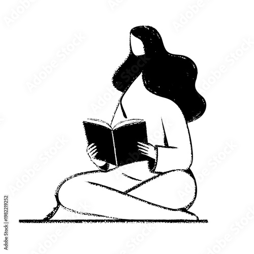 An illustration of a woman with long hair sitting cross-legged on a white background isolated reading a book