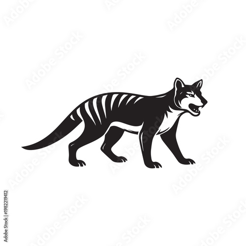extinct tasmanian tiger thylacine marsupial silhouette in black and white flat design vector illustration