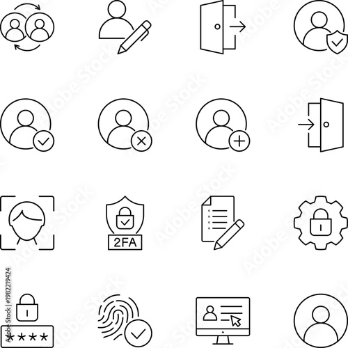 User account and security vector icon set, user, login, security, password, fingerprint, face id, authentication, 2fa