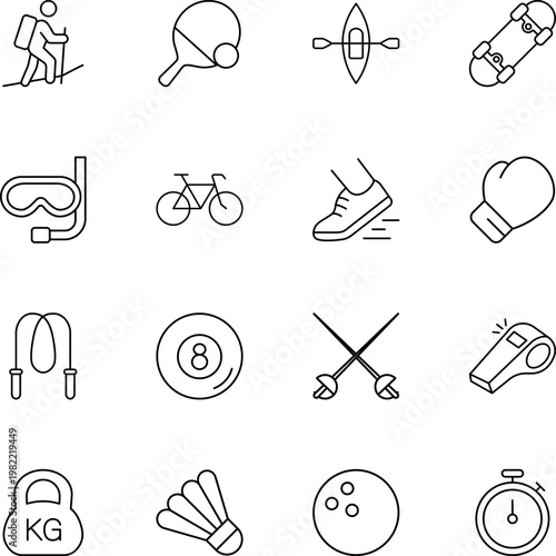 Sports and fitness outline vector icon set, hiking, bicycle, skateboard, boxing, running, kettlebell, kayak, pingpong, diving
