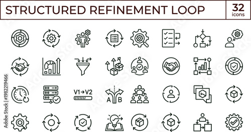 Structured refinement loop outline icon set with iterative workflow optimization feedback symbols for dashboards apps presentations web interface development systems