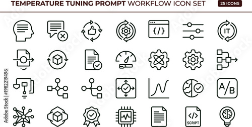 Temperature tuning prompt workflow outline icon set with parameter optimization analytics configuration symbols for dashboards apps presentations web interface development systems