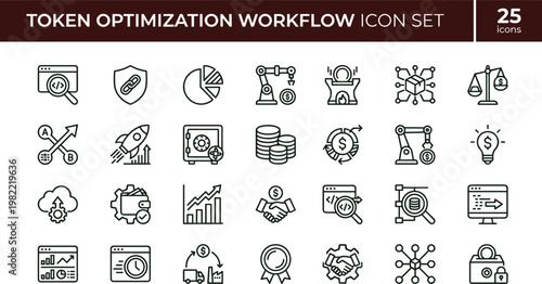 Token optimization workflow outline icon set with blockchain analytics automation performance monitoring symbols for dashboards apps presentations web interface development systems