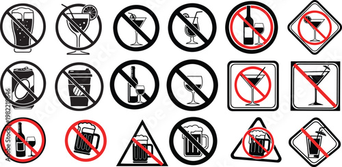 No alcohol or beverages allowed prohibition signs with drink illustration