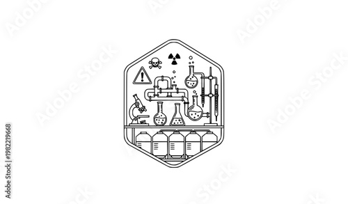 Chemical Industry Factory Lab Badge with Scientific Equipment and Safety Icons Vector Black and White