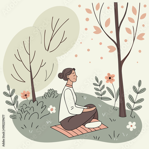 Woman sitting cross-legged on a mat in a park