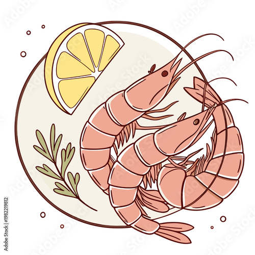 Two pink prawns with a slice of lemon and herbs