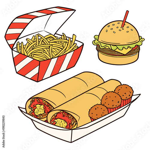 A takeout meal with a burger, fries, and burritos
