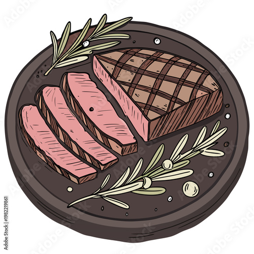 A plate of sliced ham with herbs