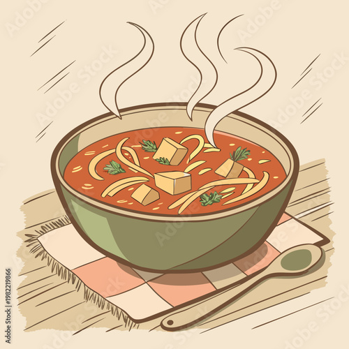 A steaming bowl of tomato soup with croutons and herbs