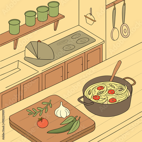 A kitchen with a pot of food and a cutting board