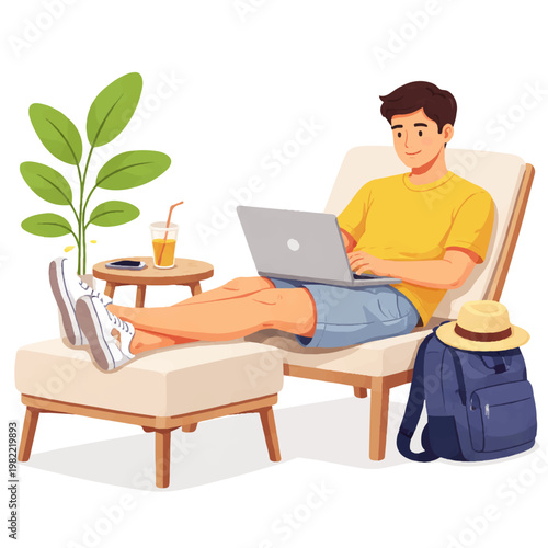 Digital Nomad Relaxing In Tropical Haven