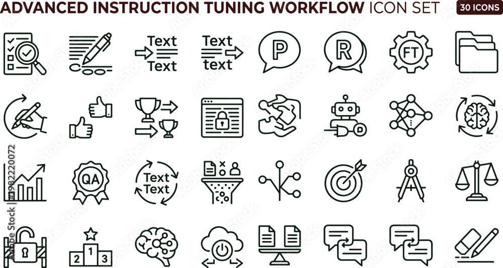 Naklejka premium Advanced instruction tuning workflow outline icon set with optimization analytics configuration automation symbols for dashboards apps presentations web interface development systems