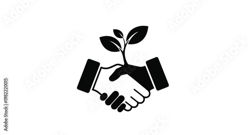 Hands shaking in agreement with a growing plant emerging from the handshake, representing growth and partnership.