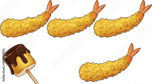 Fried Shrimp Tempura and Chocolate Covered Marshmallow Dessert Collection Crispy Seafood Snack and Sweet Treat Illustration Set for Food Menu Design