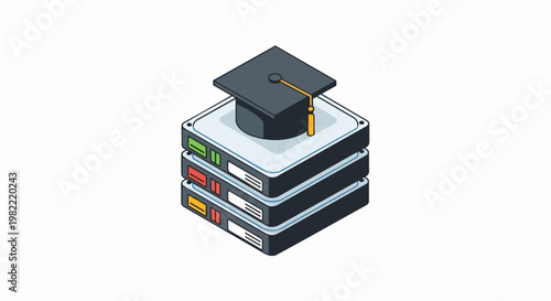 Isometric E-learning Concept Illustration with Graduation Cap on Stack of Data Server Hard Drives