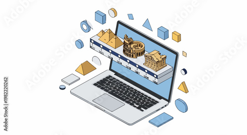 Isometric Illustration of a Laptop Displaying a Historical Timeline with Ancient Monuments including the Pyramids, Colosseum, and Parthenon for Online History Education