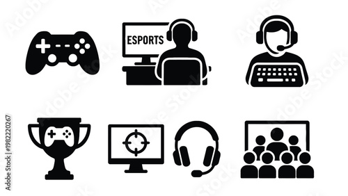 Gaming icon set with esports elements and competitive symbols