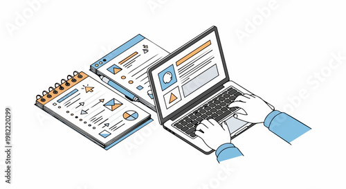 Isometric UI UX Design Illustration of Web Developer Working on Laptop with Wireframe Sketches