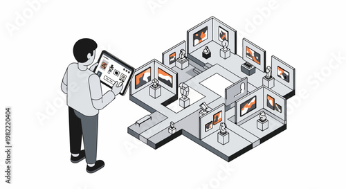 Isometric Illustration of a Person Using a Tablet to View a Virtual Art Museum Gallery and Digital Exhibition
