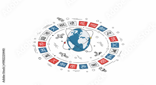 Global Communication and Linguistic Network Concept Illustration with Earth Globe, Satellites, and Multilingual Script Symbols