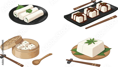 Asian Tofu Dishes and Soy Food Collection with Chopsticks Traditional Japanese Cuisine Illustration Set Healthy Plant Based Protein Meals Vector