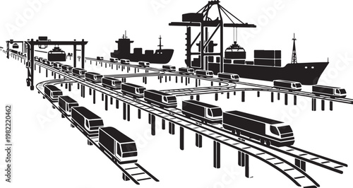 Industrial train tracks, cargo ship, and cranes vector illustration, transportation infrastructure, logistics and shipping concept, black and white