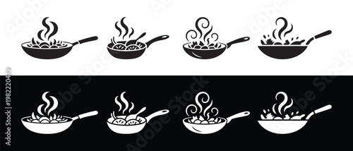 Collection of cooking pans with steam, showing food being prepared in flat design vector illustration.