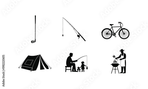 Golf club, fishing rod, bicycle, tent, father child fishing, man grilling vector silhouette.