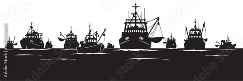 Fishing boat silhouettes, black vector illustration, nautical icons, fleet graphics