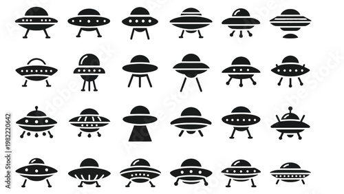 UFO spaceship icon set in black silhouette on white background