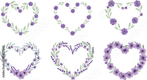 Floral Heart Vector Set with Purple Flowers and Leaves for Romantic, Wedding, and Love-Themed Designs