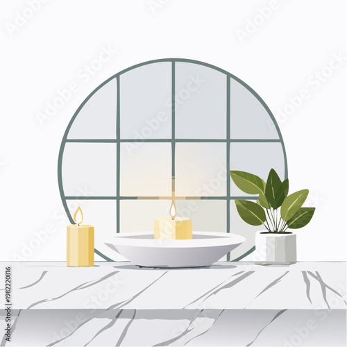 Minimalistisches Badezimmer mit Duftkerze und Marmor