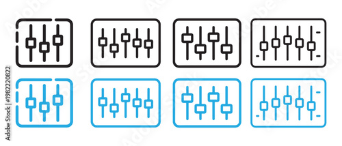 Set of audio mixer fader icons. with black and blue line art, representing control and sound adjustment vector illustration.