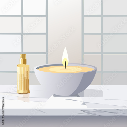 Minimalistisches Badezimmer mit Duftkerze und Marmor