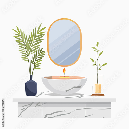 Minimalistisches Badezimmer mit Duftkerze und Marmor