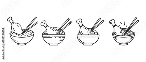 Step process illustration of chicken leg with chopsticks in rice bowl vector illustration.
