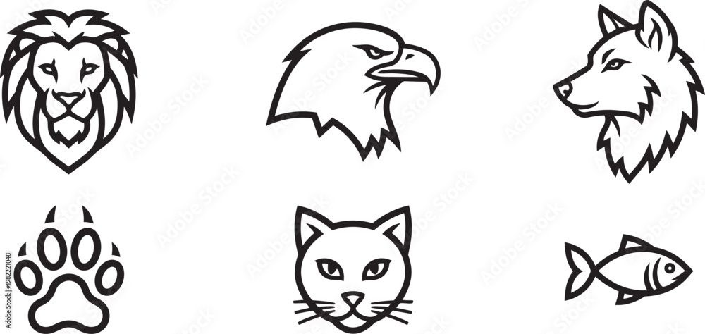 Fototapeta premium Minimalist Animal Vector Icons – Lion, Wolf, Eagle, Cat, Fish, Paw Print