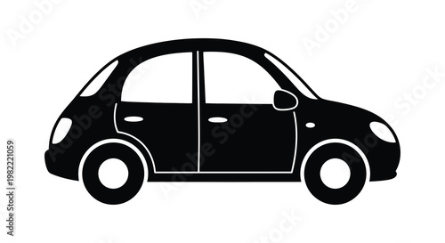 Black and white illustration of a modern compact car silhouette